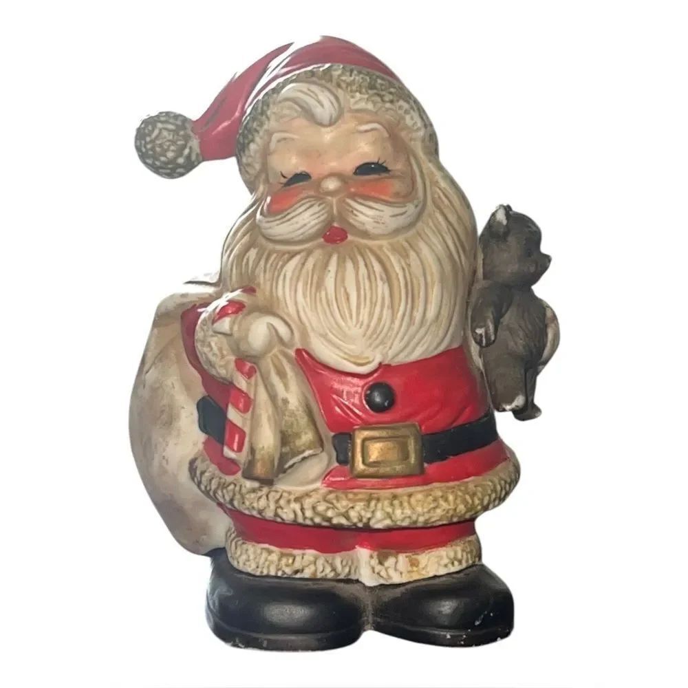 Homco Ceramic Santa Claus Bank w/ Teddy Bear & Stopper Christmas 1985 EUC